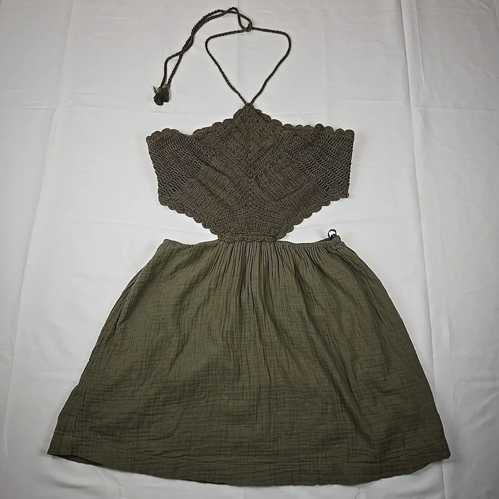 Aerie NEW Crochet Halter Top Gauze Olive Green LARGE Cottagecore Feminine Dress - Picture 3 of 12